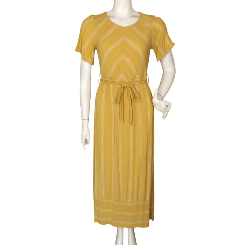 ROOLEE Dress, S, Vented Maxi/Long, Yellow Rayon, Geometric Stripes, Belt/Sash